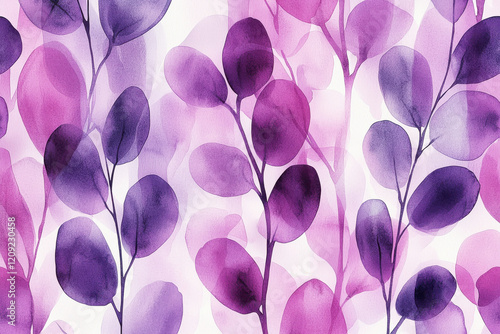 Watercolor pattern with abstract purple and pink leaves in a soft design featuring organic shapes and flowing lines