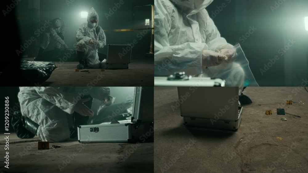 Split screen of female forensic specialist in protective overalls collecting evidence into kit with her colleague examining dead body under plastic bag in background working in team at crime scene