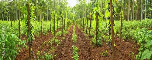 Pepper plantation rows, tropical forest background, agriculture photo