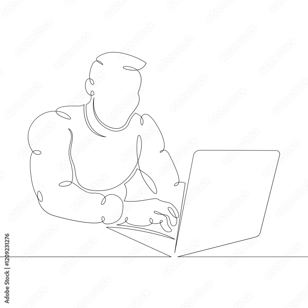 Young male designer student manager works at the laptop. One continuous drawing line, logo single hand drawn art doodle isolated minimal illustration. Young male designer student manager works at the laptop. One continuous drawing line, logo single hand drawn art doodle isolated minimal illustration.