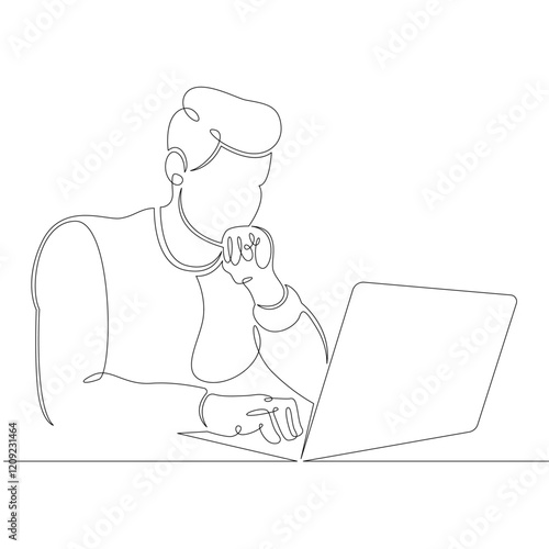 Young male designer student manager works at the laptop. One continuous drawing line, logo single hand drawn art doodle isolated minimal illustration.
