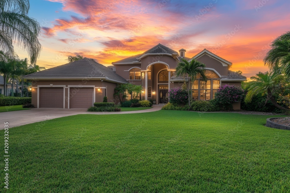 Luxurious house at sunset with lush green lawn. Luxurious house at sunset with lush green lawn.