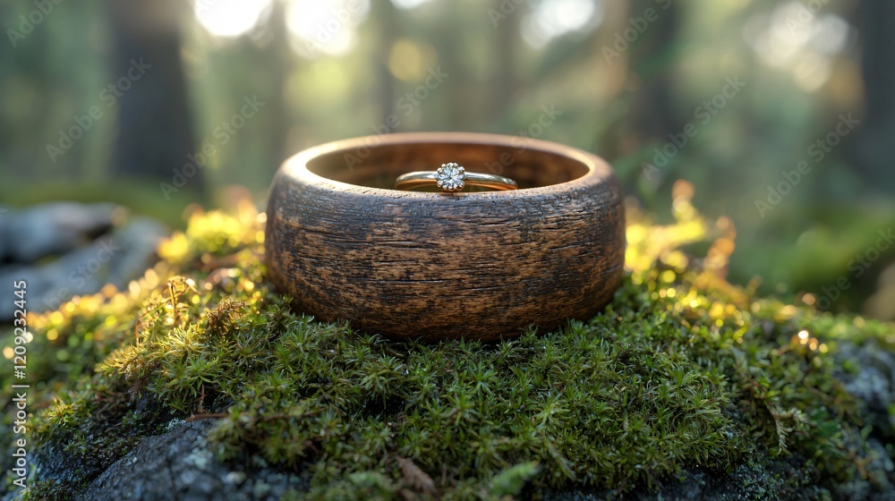 A wooden ring with a diamond sits on moss in a tranquil forest setting, capturing a sense of nature and elegance. A wooden ring with a diamond sits on moss in a tranquil forest setting, capturing a sense of nature and elegance.