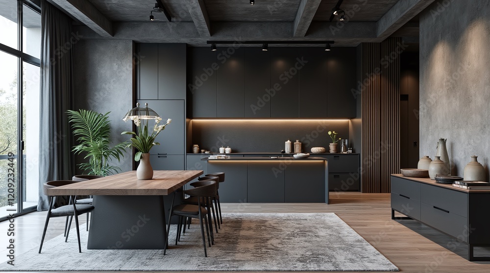 Industrial dark style interior design, 3D rendering Industrial dark style interior design, 3D rendering