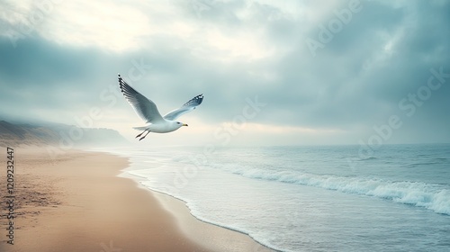A seagull flying alone over a deserted beach, with a melancholic sky and the ocean waves crashing