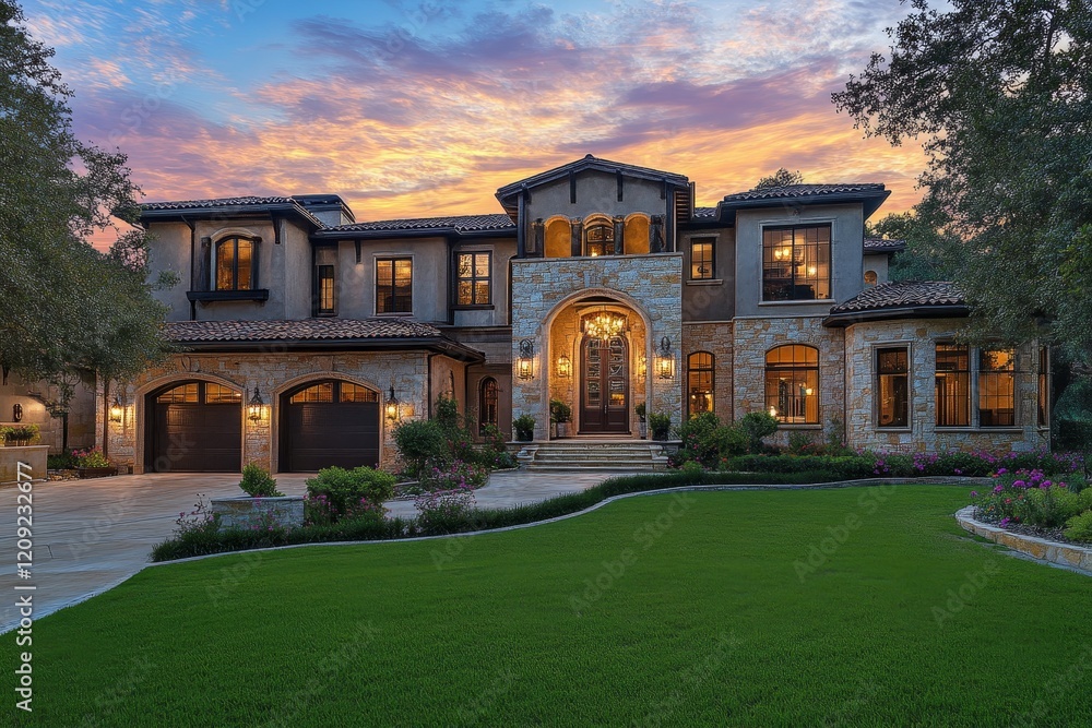 Luxurious Mediterranean-style mansion at sunset. (2) Luxurious Mediterranean-style mansion at sunset. (2)