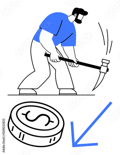 Worker uses a pickaxe, mining a digital coin symbol while a blue arrow points downward. Ideal for technology, cryptocurrency, finance, investment, innovation, digital economy economic trends. Line