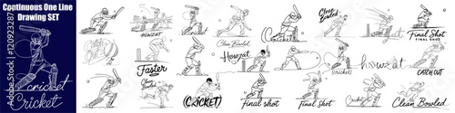 Cricket set Continuous One Line Drawing Vector Art