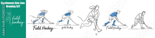 Field Hokey Set Continuous One Line Drawing Vector Art 
