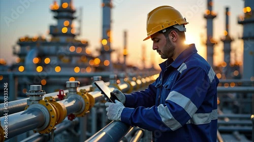  Professional factory worker walking and d with a tablet on Industrial background. Male expert looking the refinery premises or gas pipeline. Heavy Industry Engineer Wearing Safety Uniform