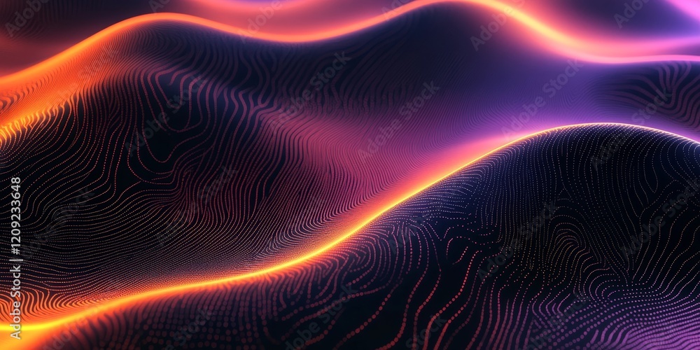 Fototapeta premium Orange purple glowing gradient wave on dark background, vibrant noise texture, Generative AI