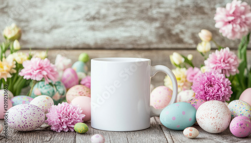 blank white mug surrounded by colorful Easter eggs and flowers creates festive spring atmosphere. Perfect for showcasing seasonal designs or messages