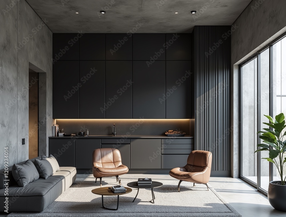 Fototapeta premium Industrial dark style interior design, 3D rendering