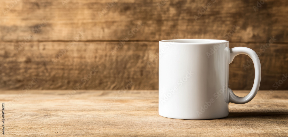blank white mug sits on rustic wooden table, perfect for showcasing designs or branding. Its simple elegance makes it versatile choice for various uses blank white mug sits on rustic wooden table, perfect for showcasing designs or branding. Its simple elegance makes it versatile choice for various uses