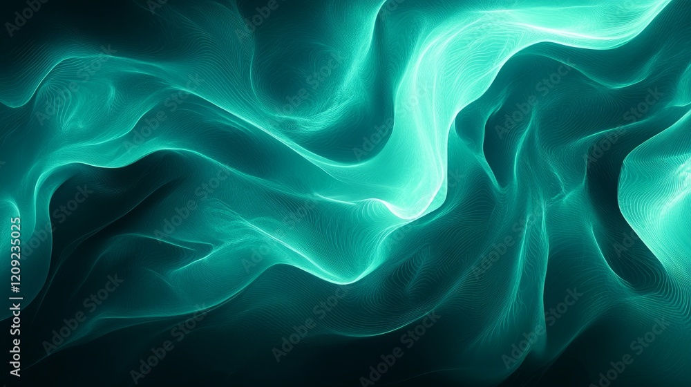 Dark teal green glowing gradient wave on black background, vibrant noise texture, Generative AI Dark teal green glowing gradient wave on black background, vibrant noise texture, Generative AI