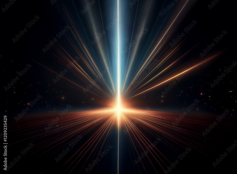 Fototapeta premium A vibrant, central light beam bursts from a radiant core, extending across a dark, starlit expanse. Speed and energy are implied by the dynamic light streaks.