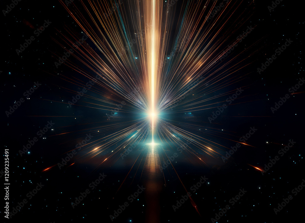 Naklejka premium A vibrant light beam emanates from a central point, radiating outwards into a dark, cosmic space speckled with stars. The effect is one of intense energy and movement.