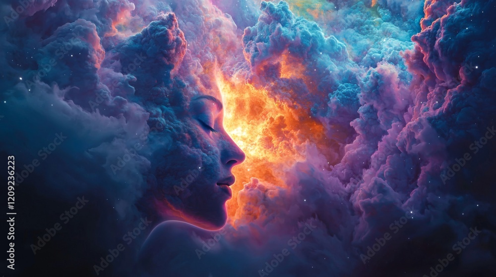 Serene Woman s Face Emerging from Vibrant Cosmic Cloudscape Dreamlike Fantasy Art Serene Woman s Face Emerging from Vibrant Cosmic Cloudscape Dreamlike Fantasy Art