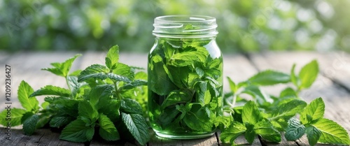 Fresh mint leaves surround a glass jar filled with herbal essence in a natural setting. photo