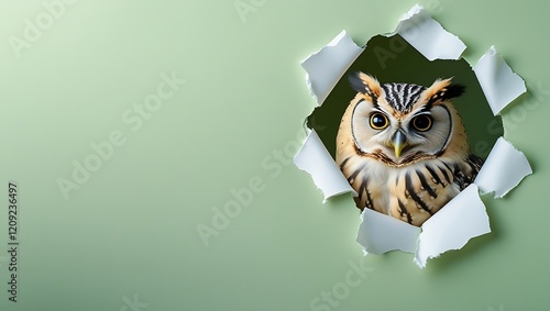 A vibrant and curious barn owl peeks through a torn paper hole set against a pastel green background, creating a playful and eye-catching scene perfect for vibrant wallpaper or nature-themed designs photo