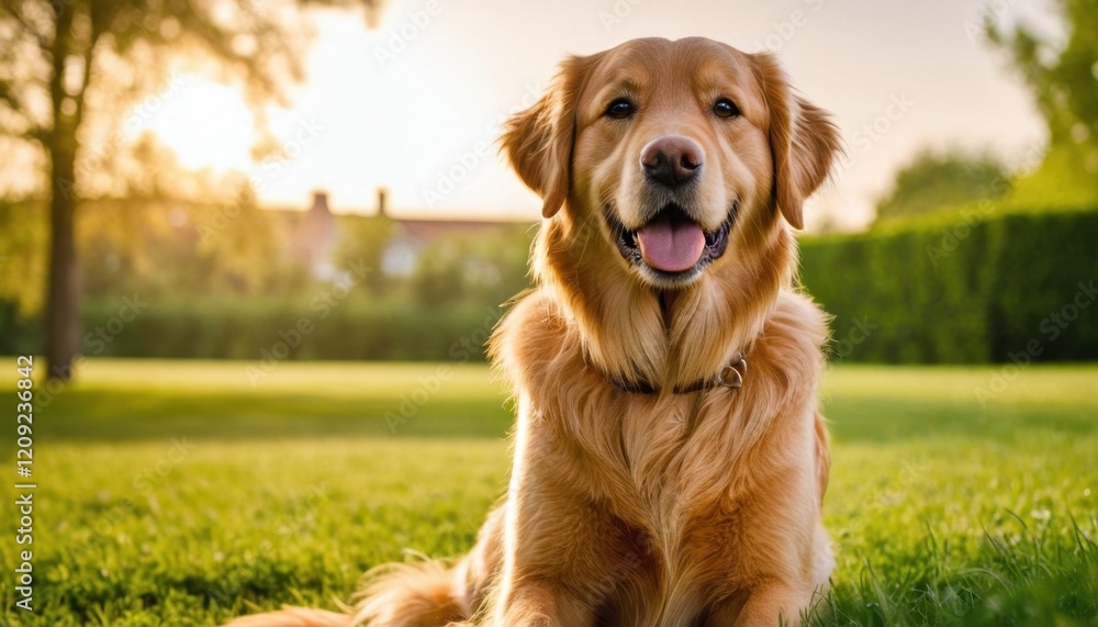 Beautiful golden retriever with a glowing coat, lounging on a lush green lawn at sunset. A portrait of tranquility and canine charm Beautiful golden retriever with a glowing coat, lounging on a lush green lawn at sunset. A portrait of tranquility and canine charm