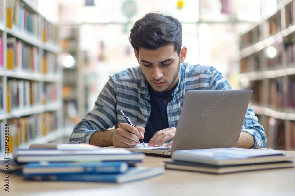 In a bright library, a focused student diligently writes in a notebook while surrounded by textbooks and a laptop. This vibrant environment enhances the learning experience In a bright library, a focused student diligently writes in a notebook while surrounded by textbooks and a laptop. This vibrant environment enhances the learning experience