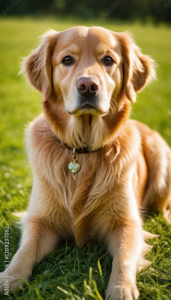 A happy golden retriever resting on green grass under the warm evening sun, radiating calmness and loyalty. Perfect companion for a sunny day A happy golden retriever resting on green grass under the warm evening sun, radiating calmness and loyalty. Perfect companion for a sunny day