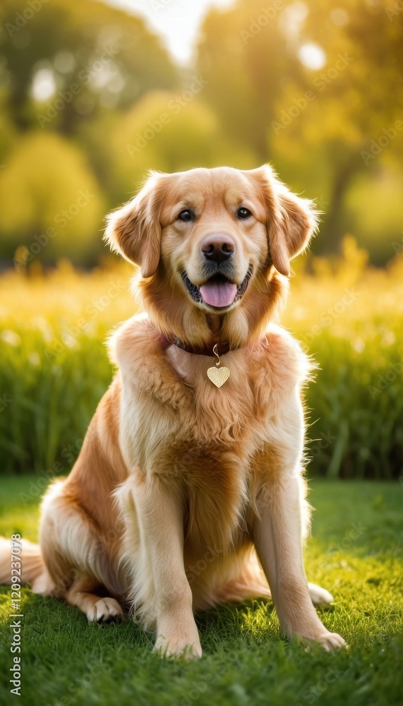 Golden retriever lying on a grassy field during golden hour, its shiny coat glowing in the soft sunlight. A serene and joyful outdoor scene Golden retriever lying on a grassy field during golden hour, its shiny coat glowing in the soft sunlight. A serene and joyful outdoor scene