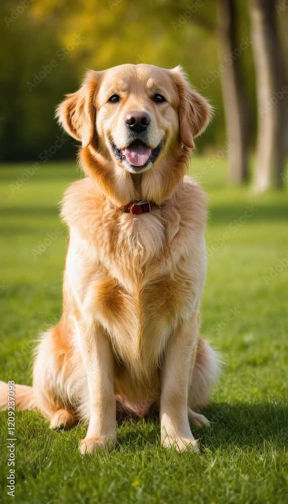 Golden retriever lying on a grassy field during golden hour, its shiny coat glowing in the soft sunlight. A serene and joyful outdoor scene Golden retriever lying on a grassy field during golden hour, its shiny coat glowing in the soft sunlight. A serene and joyful outdoor scene