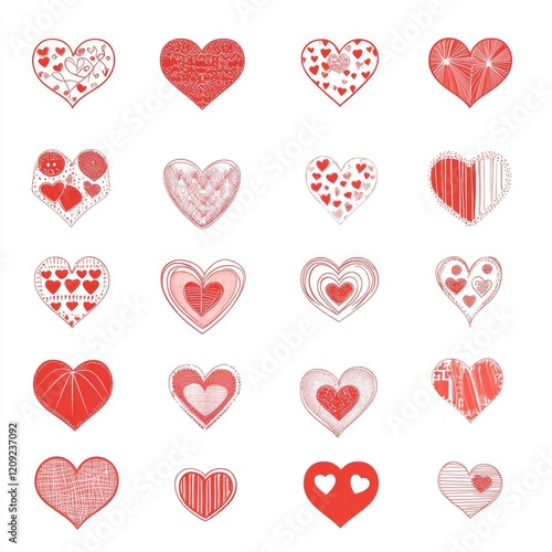 A collection of red heart symbols with various patterns and shapes, neatly arranged in rows on a white background. Perfect for Valentine's Day designs, romantic themes, and love-inspired projects.