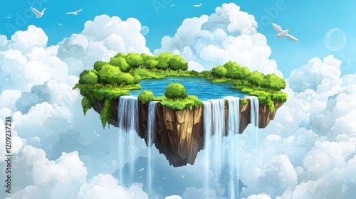 Enchanted Floating Island Paradise: Serene Waterfall, Lush Greenery, and Sky-High Serenity photo