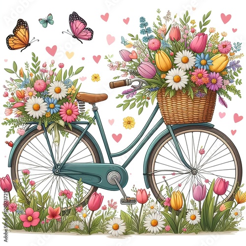 A spring bicycle with a wicker basket on the frame, filled with a colorful assortment of flowers, including daisies, tulips and other wildflowers. Butterflies and hearts are scattered throughout the s photo