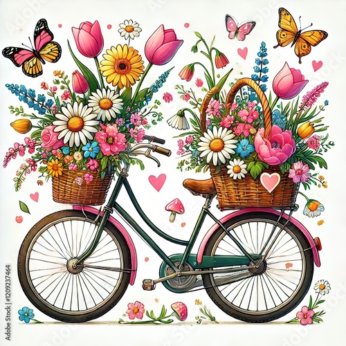 A spring bicycle with a wicker basket on the frame, filled with a colorful assortment of flowers, including daisies, tulips and other wildflowers. Butterflies and hearts are scattered throughout the s photo