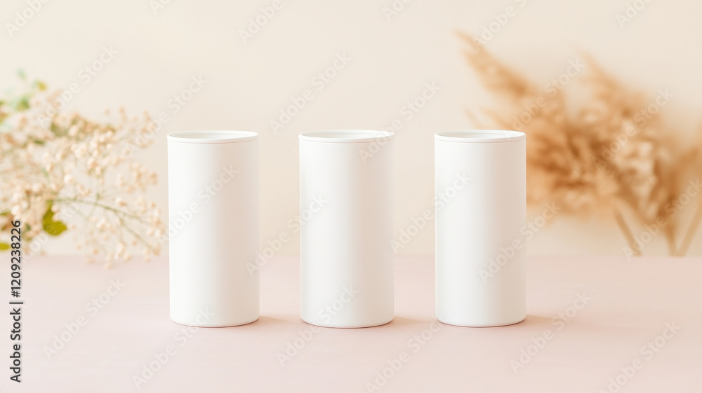 Minimalist design featuring three blank white cylindrical containers on soft pastel background, evoking serene and elegant atmosphere Minimalist design featuring three blank white cylindrical containers on soft pastel background, evoking serene and elegant atmosphere
