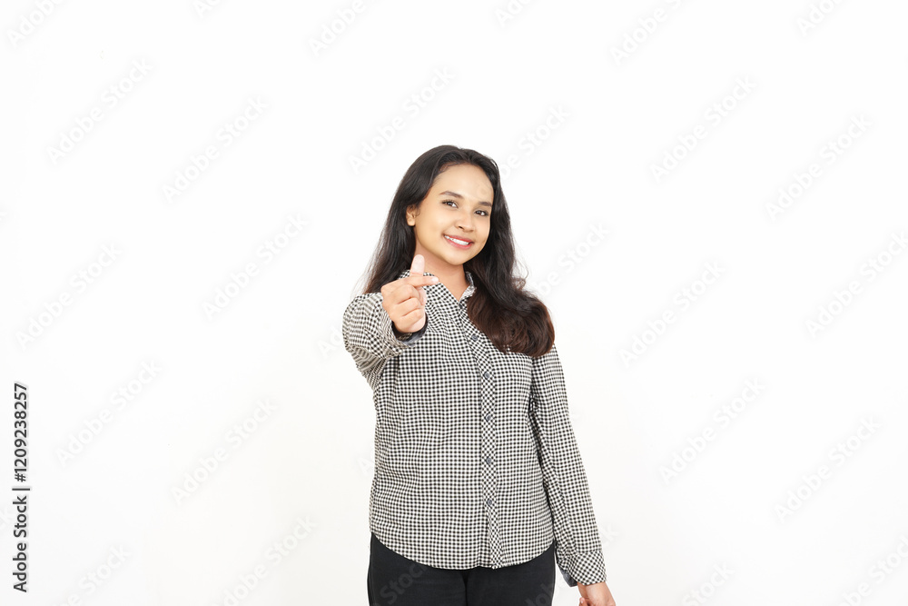 Smile and showing Korean love Finger Of Beautiful Asian Woman Isolated On White Background Smile and showing Korean love Finger Of Beautiful Asian Woman Isolated On White Background