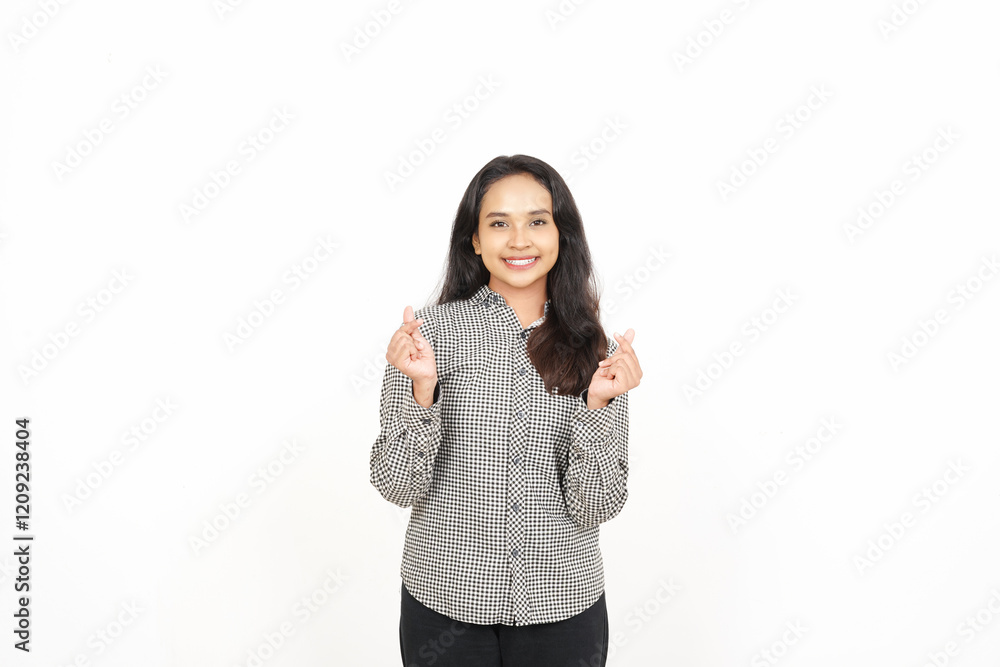 Smile and showing Korean love Finger Of Beautiful Asian Woman Isolated On White Background Smile and showing Korean love Finger Of Beautiful Asian Woman Isolated On White Background