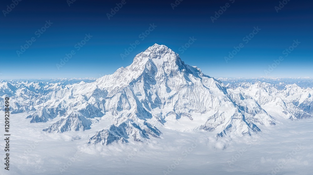 Obraz premium Majestic snow-covered mountain peak rising above a sea of clouds under a clear blue sky.