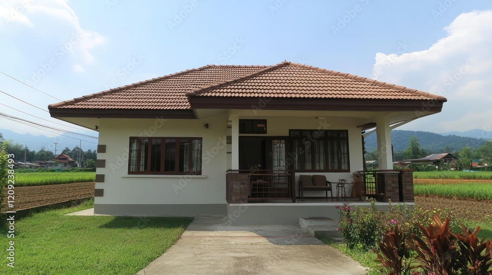 A small white house with a tile roof A small white house with a tile roof