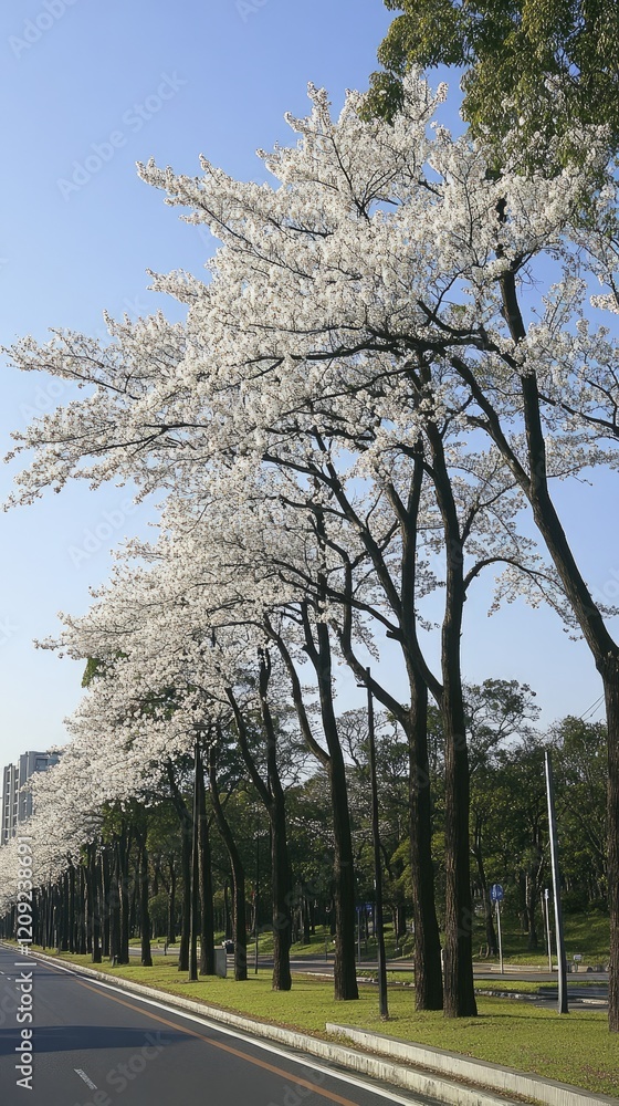 Cherry blossoms line city road, spring sunny day, urban park background Cherry blossoms line city road, spring sunny day, urban park background
