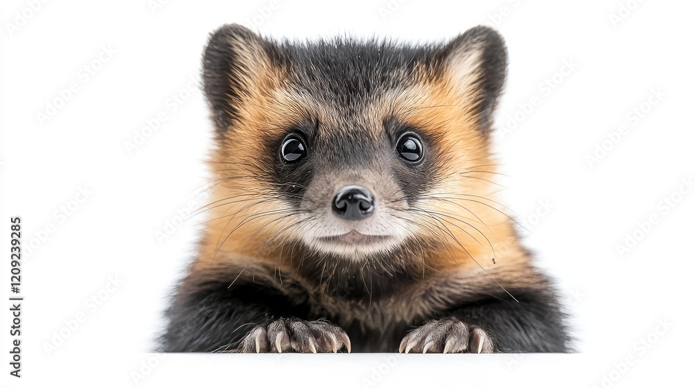 Obraz premium Adorable Asian raccoon dog peeking over white