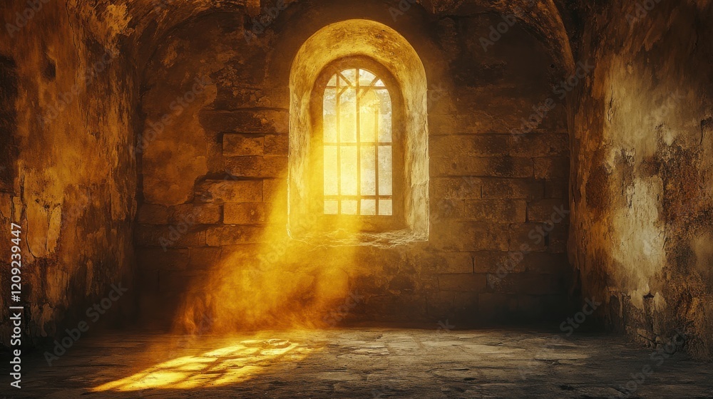 Fototapeta premium Golden light streams through an arched window in an old stone room, illuminating dust motes in the air.