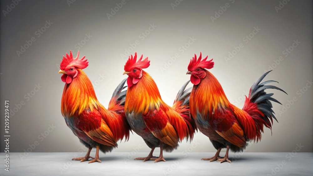 Fototapeta premium Three Vibrant Roosters in a Row, Displaying Rich Colors and Majestic Plumes