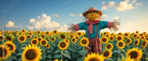 Colorful scarecrow surrounded by vibrant sunflowers in a sunny field during autumn harvest.