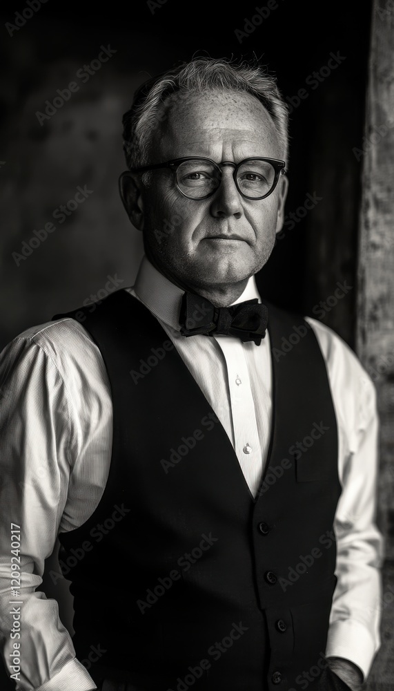 Fototapeta premium A sophisticated portrait of a man in a vest and bow tie, exuding confidence and elegance.
