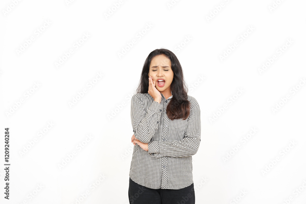 Toothache with hand on cheek gesture Of Beautiful Asian Woman Isolated On White Background Toothache with hand on cheek gesture Of Beautiful Asian Woman Isolated On White Background