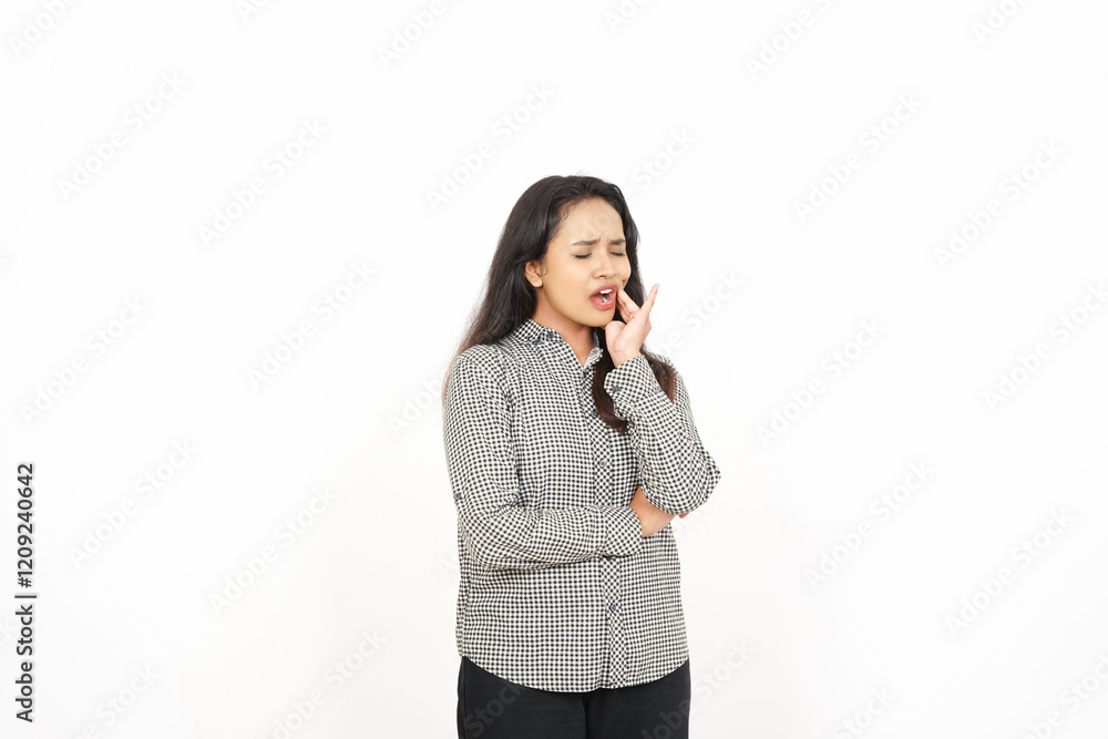 Toothache with hand on cheek gesture Of Beautiful Asian Woman Isolated On White Background Toothache with hand on cheek gesture Of Beautiful Asian Woman Isolated On White Background