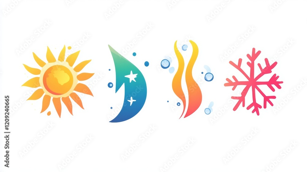 17.A flat design illustration of four distinct icons: a fiery sun for heat, a crisp snowflake for cool, soft curling steam for vapor, and a rotating arrow for thermal exchange, each detailed in 17.A flat design illustration of four distinct icons: a fiery sun for heat, a crisp snowflake for cool, soft curling steam for vapor, and a rotating arrow for thermal exchange, each detailed in