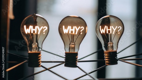5 WHY analysis concept, Three light bulbs with WHY illuminated inside.