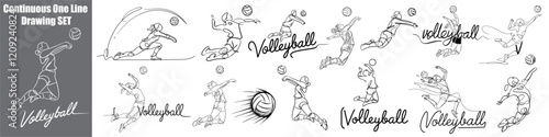 Volley Ball Set Continuous One Line Drawing Vector Art 