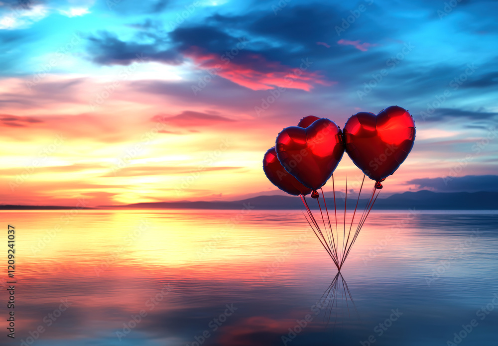 Fototapeta premium Three vibrant heart-shaped balloons float serenely over calm waters as a stunning sunset paints the sky in pastel hues, evoking feelings of love and tranquility.